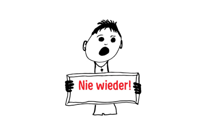 Zeichnung: Mensch hält Schild mit Text "Nie wieder!"